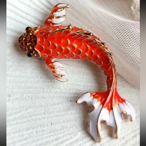 Koi Fish Maroon Red &Orange Gold Enamel Brooch Set– Symbol of Luck & Prosperity - Picture 12 of 14